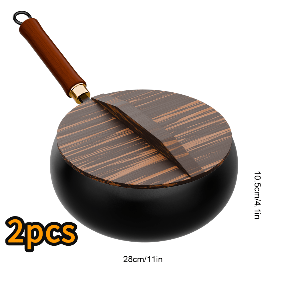 TEMU 2pcs Pre- Cast Iron Wok Pan With Wooden Lid, Small Cast Iron Deep With Heat Insulated Wood Handle, For Gas, Induction, All Stovetop Cooking