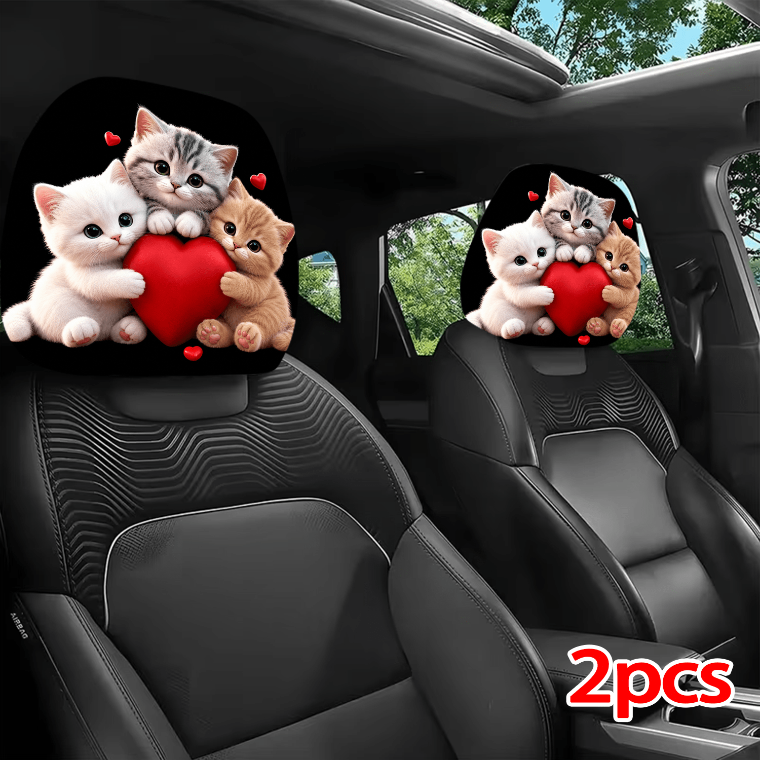 TEMU 2pcs Printed Pattern Car Headrest Covers, Adorable Cartoon Kittens Holding Red , Universal Installation, Ideal Interior Additions For Cute Car