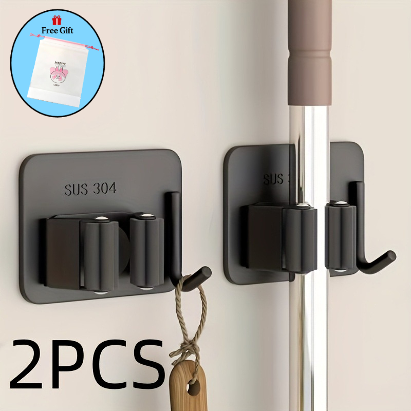 TEMU 3pcs Set: 2pcs Stainless Steel Mop Auxiliary Hooks + 1 Storage Bag, No-drill Strong Adhesive Broom Clip Wall Mount, Bathroom Shelf, Practical
