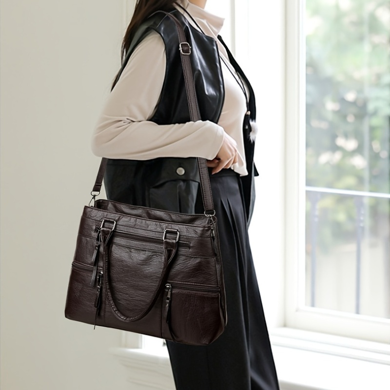 womens genuine leather handbag crossbody full grain no detachable strap hardware zipper closure polyester lining elegant handbag for travel everyday black exterior Product details 6