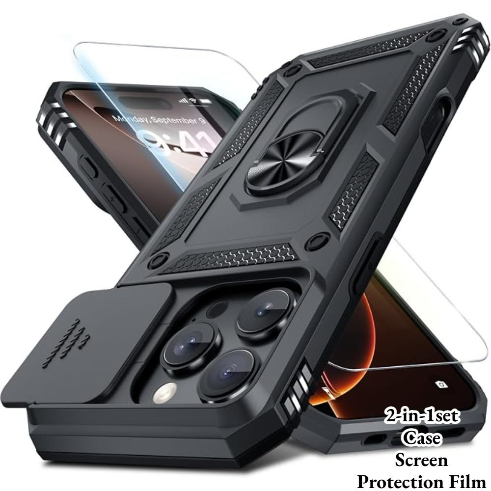 Image of Phone Case - Phone Case With Sliding Camera Lens Cover, Compatible With Iphone 17 16 15 14 13 12 11 Pro , Tempered Glass Screen Protector And Finger Ring Holder Kickstand, Heavy Duty Shockproof