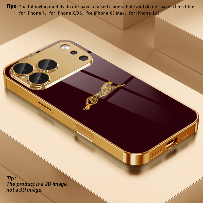 TEMU Phone Case - 1pc 2d Flat Orange Leopard Running Print Pattern Electroplated Golden Hd Glass Phone Case For Iphone