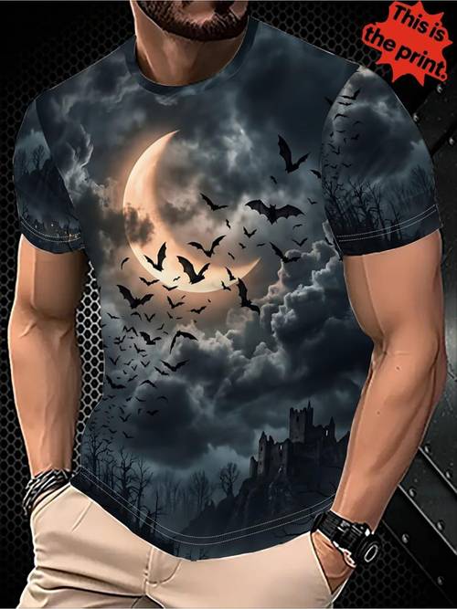 Artikelbild Gedrucktes Design – Nicht texturiert/bestickt/Pailletten/Flachdruck, ohne Zubehör/Weißes, leicht durchsichtiges Sommer-T-Shirt für Herren im Gothic-Stil mit kurzen Ärmeln Nachtszene-Druck mit Halbmond, Fledermaus, Burg dunklen Wolken, lässiges Oberteil mit Rundhalsausschnitt