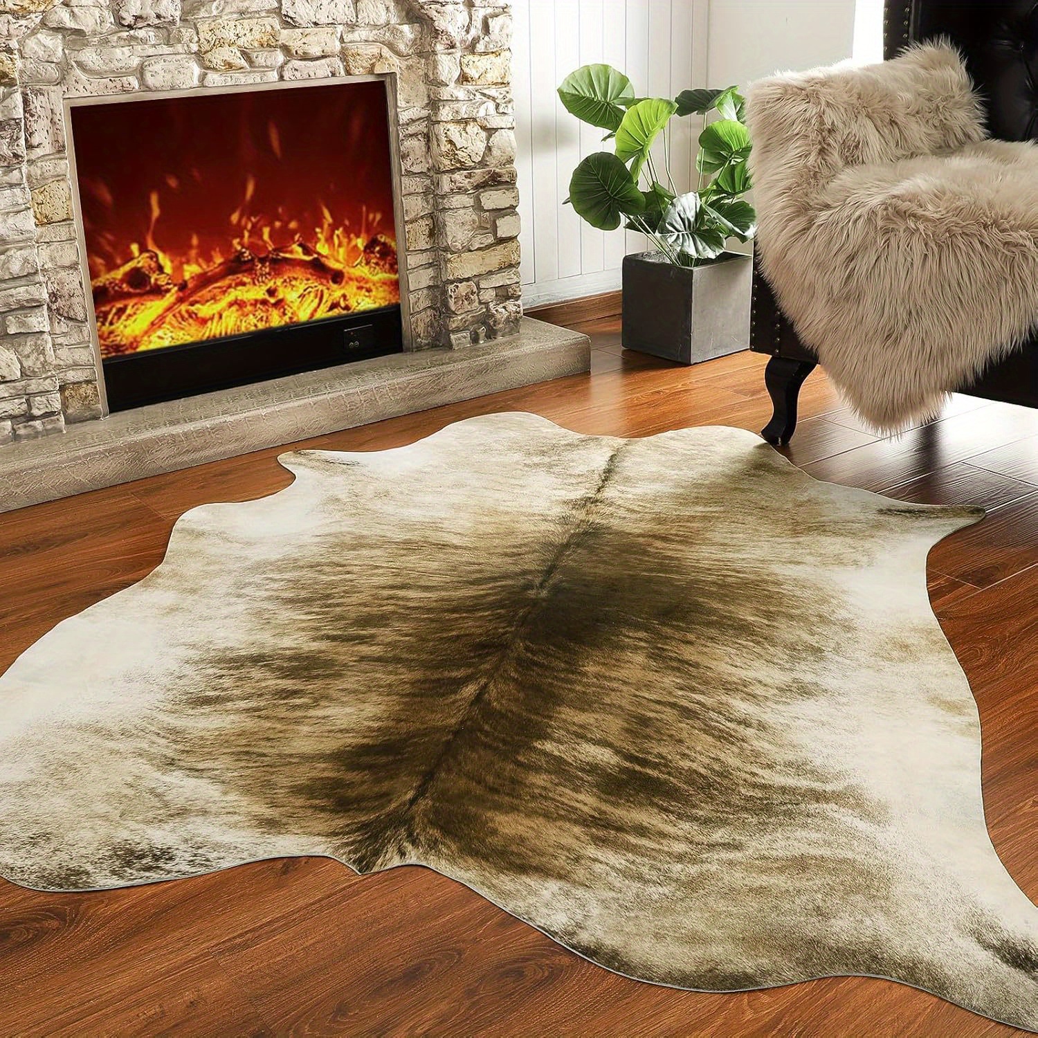 TEMU 1pc Luxury Cowhide Print - Irregular Shape Soft Rug Suitable For Living Room/bedroom/kitchen, Cowhide Mat, Machine Washable Irregular Curve