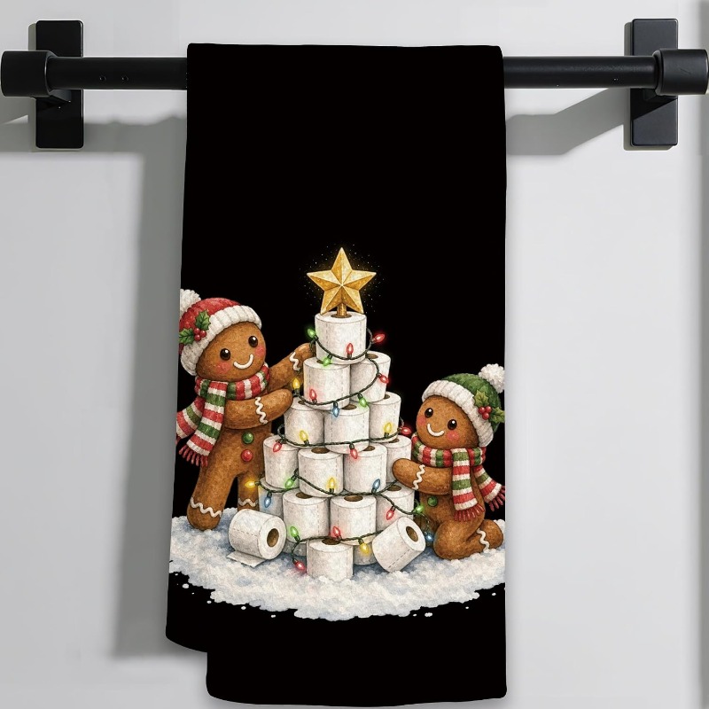 TEMU 1pc Gingerbread & Tree Cleaning Cloth Suitable For Cleaning, Soft Absorbent Microfiber Kitchen Towel With Gingerbread, Modern Holiday Hand Towel