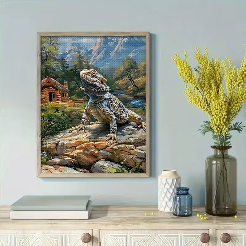 item picture embroidery kit featuring a bearded dragon and a rustic landscape made from canvas   in   sizes ideal gift for valentines day mothers day or   this   nature themed set is perfect for crafting
