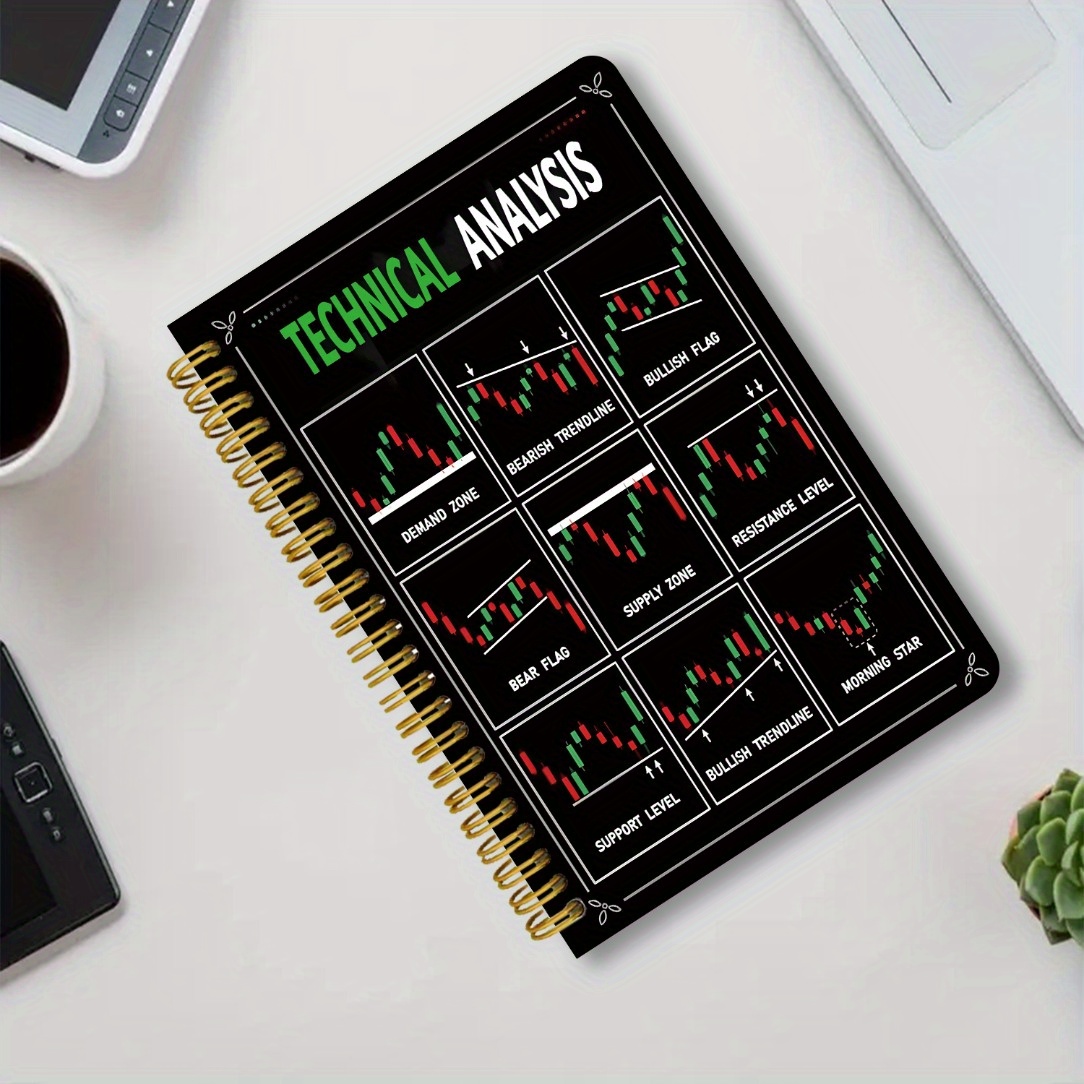 Aktienhandel-Chartanalyse A5 Spiralnotizbuch - Dicke Cover-Design mit technischen Analysevorlagen für Widerstands-/Unterstützungsniveaus, Bull Flag/Bear Trend - 13,97x21,08 cm, ideal für Trader, Investoren & Finanzbegeisterte, Börsenbuch, Trader-Arbeitsbuch, hochwertiges Papier, strukturiertes