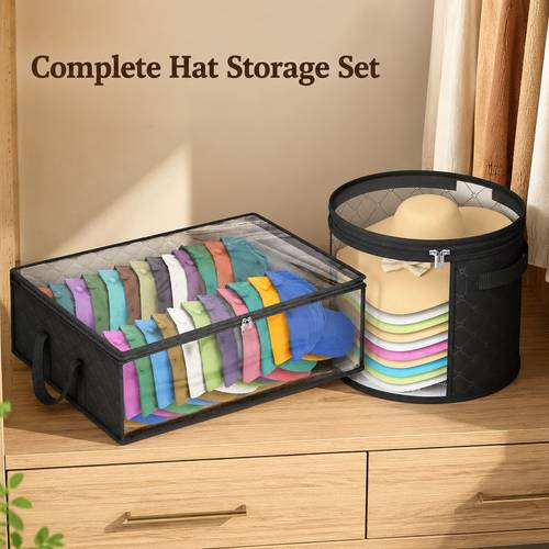 item picture 2pcs set 1 rectangular hat storage cylindrical hat storage box lidded storage box with a transparent window and handle foldable quilted wardrobe organizer with zipper closure space saving design suitable for storing hats of
