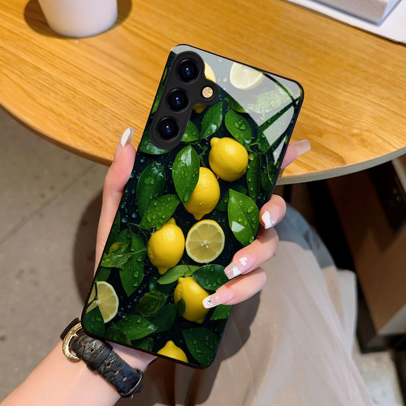 TEMU Stylish Lemon Pattern Tempered Glass Phone Case, Suitable For Galaxy Note9/note10/note20/a32/a50/a53/a70/a73/s20/s21/s22/s23/s24/s25/ Fe,