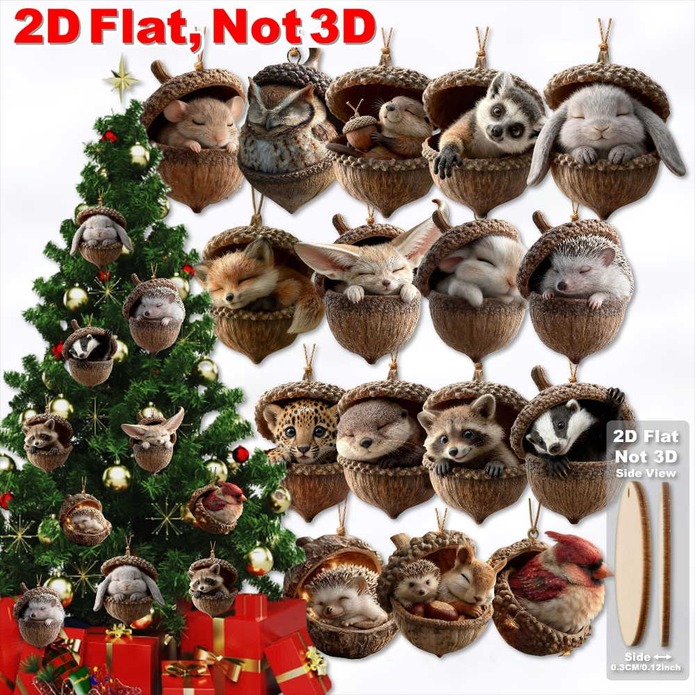 TEMU 2D Flat - 16-teiliges Set Tierförmige Eiche Eichel Ornamente für Wände und Bäume - Dekorative Hängeelemente mit bezaubernden Hasen, Maus- und