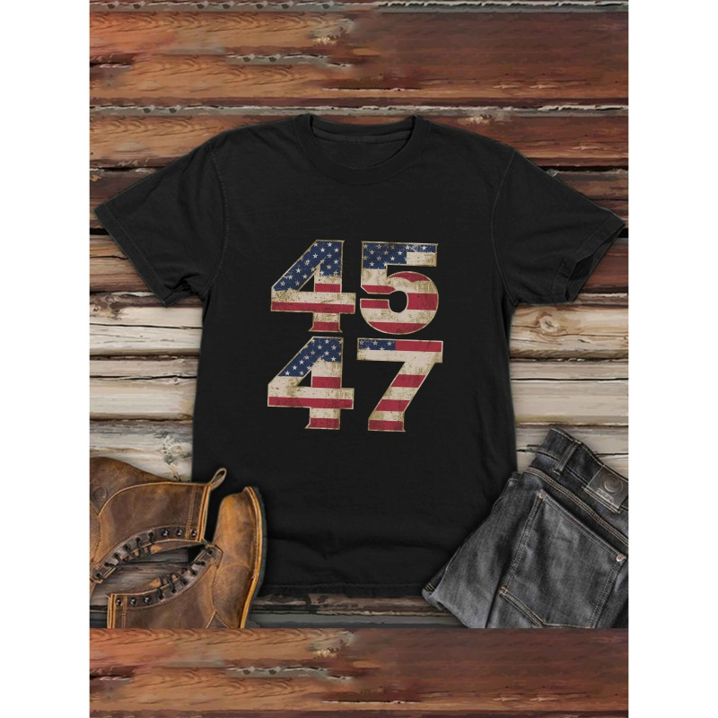 

Patriotic Usa 45 & 47 Graphic Tee For Men - Casual Short-sleeve T-shirt, Breathable Polyester, Machine Washable - Summer