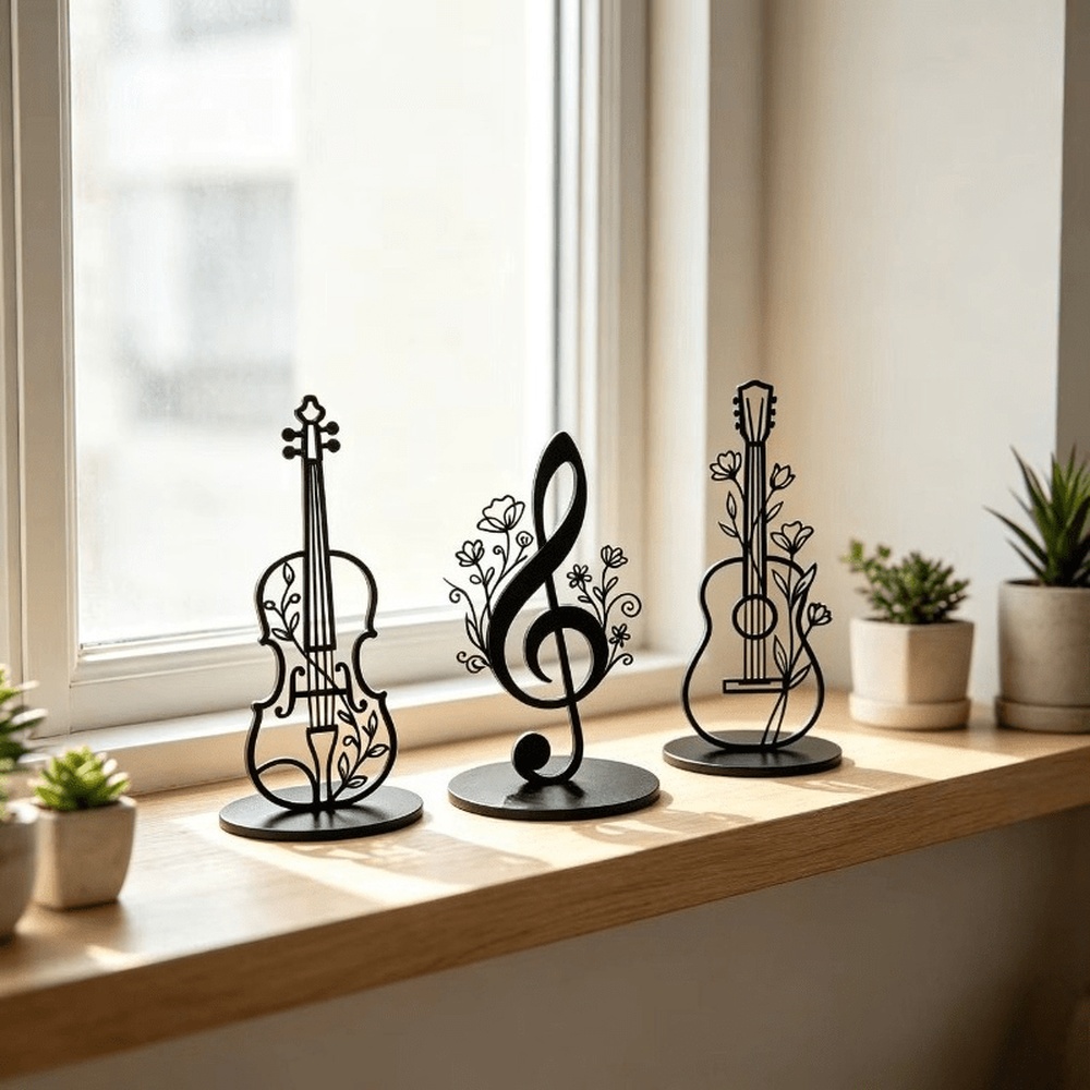 TEMU Ensemble de 3 pièces de décorations linéaires florales musicales, ornements sculpturaux de notes d'instruments de musique, décoration pour