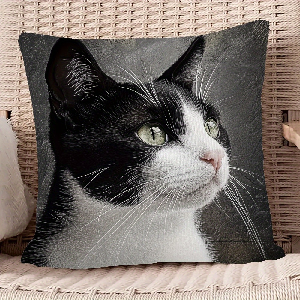 TEMU 1 taie d'oreiller rétro noire et blanche avec motif de chat, tissu doux, confortable et lisse, impression simple face, impression simple face,