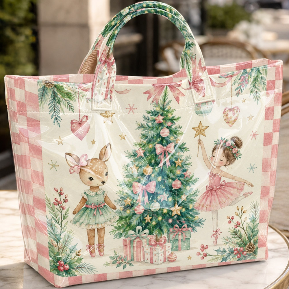 Pink Tote Bag Featuring A Print Of A Ballerina With A Christmas Reindeer; A Spacious, Casual Tote Suitable For Summer , Beach Trips, Picnics, , And Daily