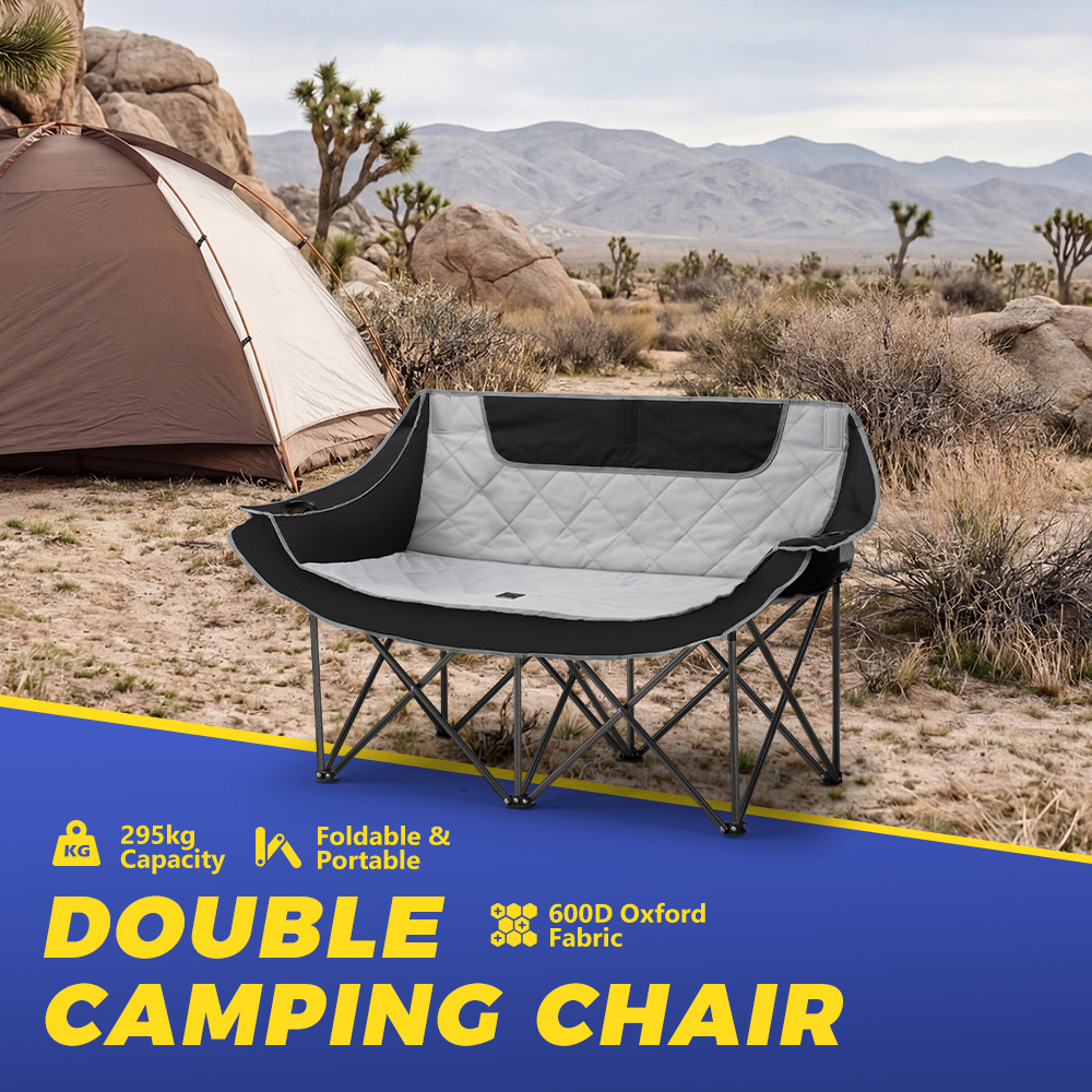 TEMU Double Foldable Camping Chair Portable 2-person Outdoor Moon Chair Comfortable Lounge Seat Ideal For Outdoor Activities Black