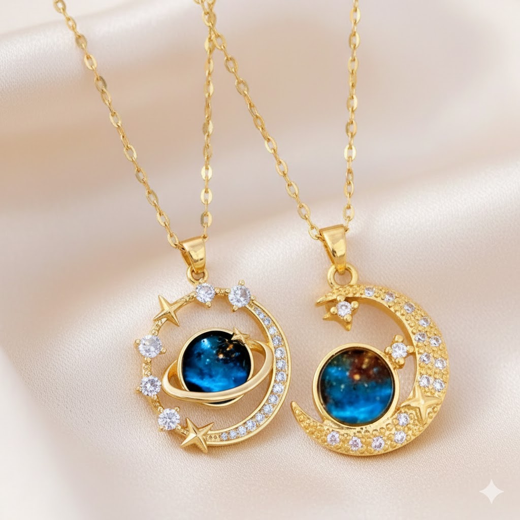 TEMU A Pair Of Artificial Crystal Planet Necklace Pendants, A Couple's Pendant, With Gentle , Presenting A Breathtakingly Beautiful . For Commuting,