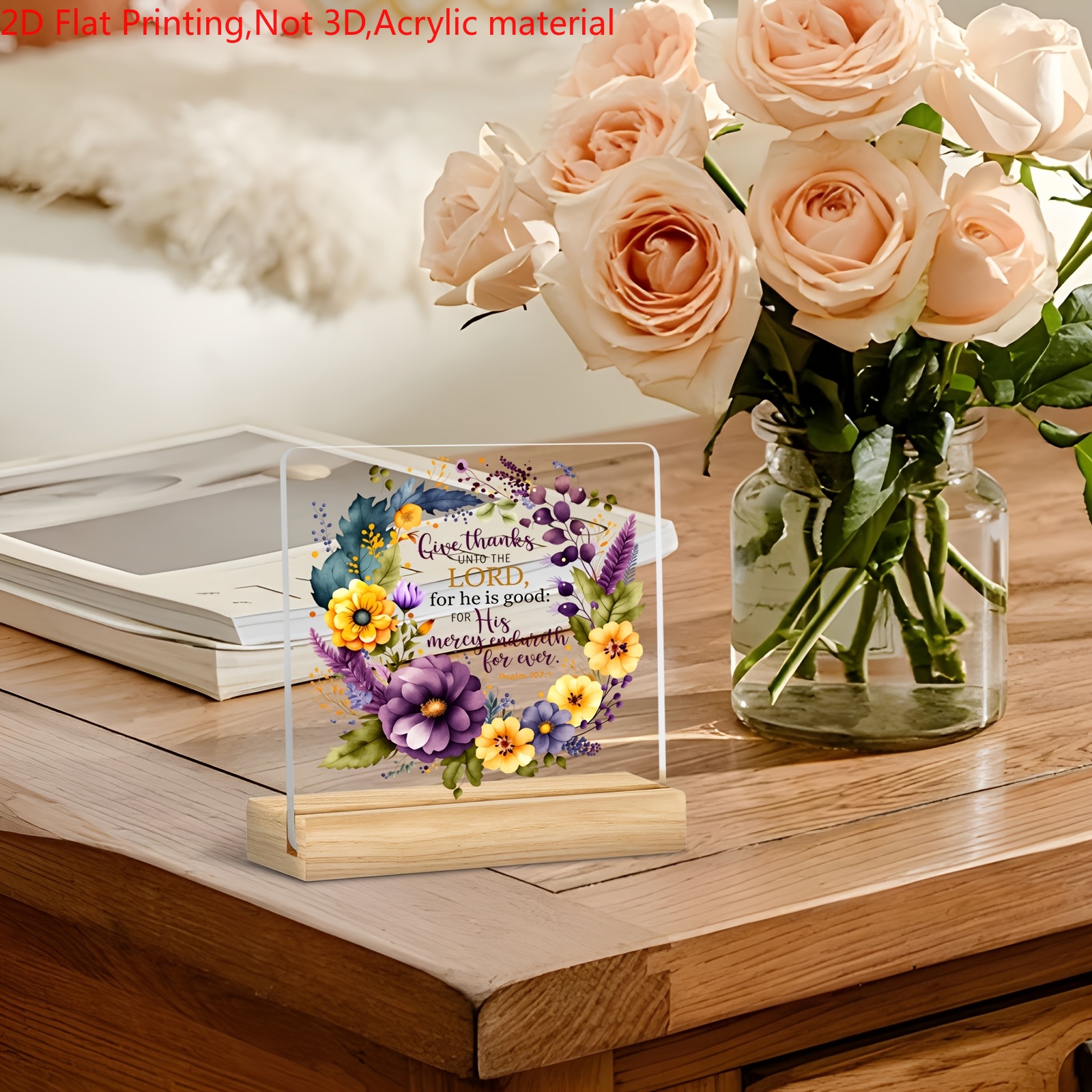 TEMU 2d Flat High- Acrylic Desktop Decoration, Watercolor Floral Bible Scripture Thanksgiving Tabletop Ornament, Bookcase Bedroom Church Tabletop