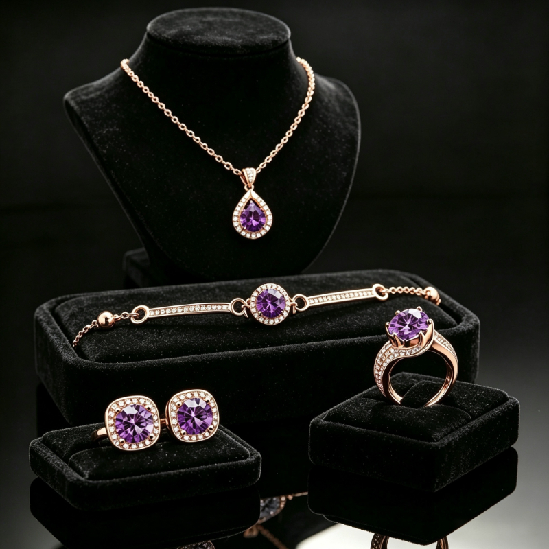 TEMU Parure de Bijoux 925 Or Rose Effet Halo Pavé de Synthétique Violette pour Femme, Pendentif de , Boucles d'Oreilles à Clous Carrés, Bracelet