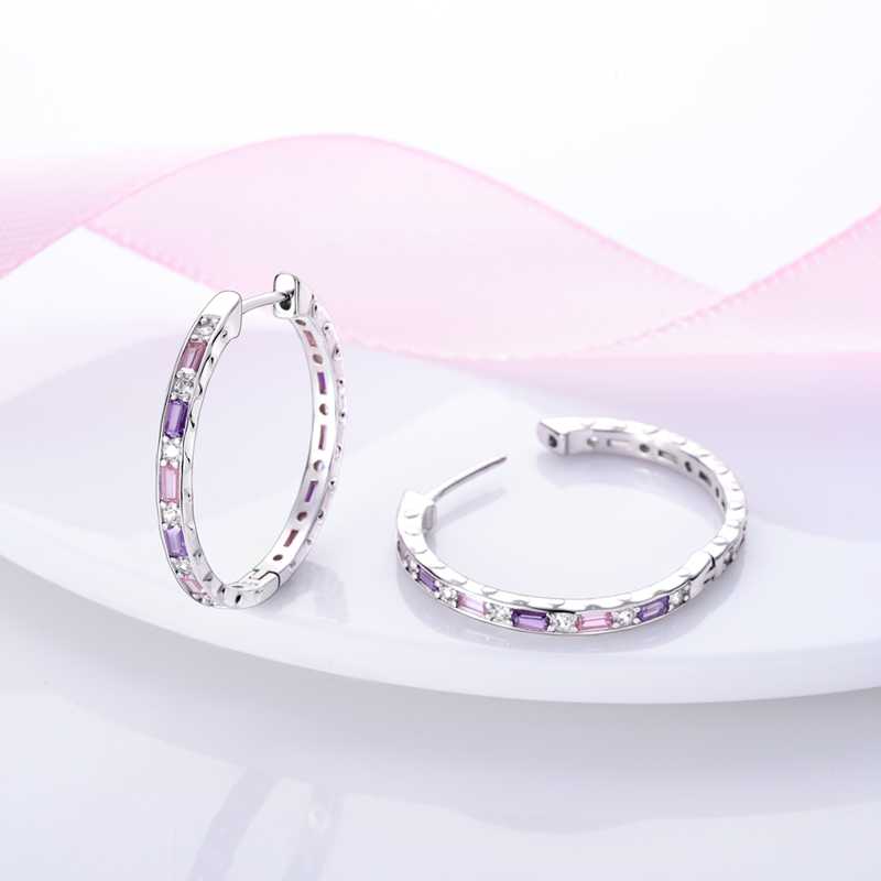 Women's 925 Silvery Elegant Princess Pink-Purple Large Earrings