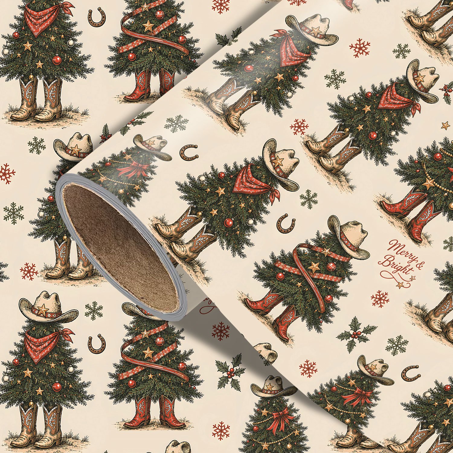 TEMU Funny Christmas Wrapping Paper Roll - Measures 17.7 Inches X 118 Inches, Western Cowboy Christmas Tree Print, Wrapping Xmas Gifts, Making Party