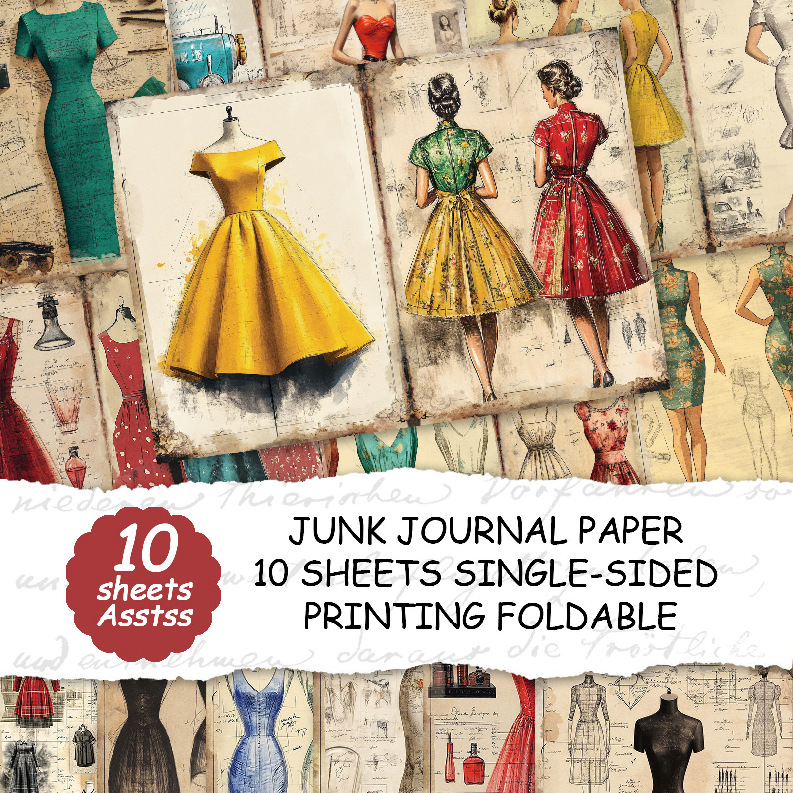 TEMU 10 Sheets Of A4 Paper, Retro Sewing Pattern , Decorative Base Paper, Paper Crafting Kit, Handmade Vintage Magazine For Junk Journaling, And