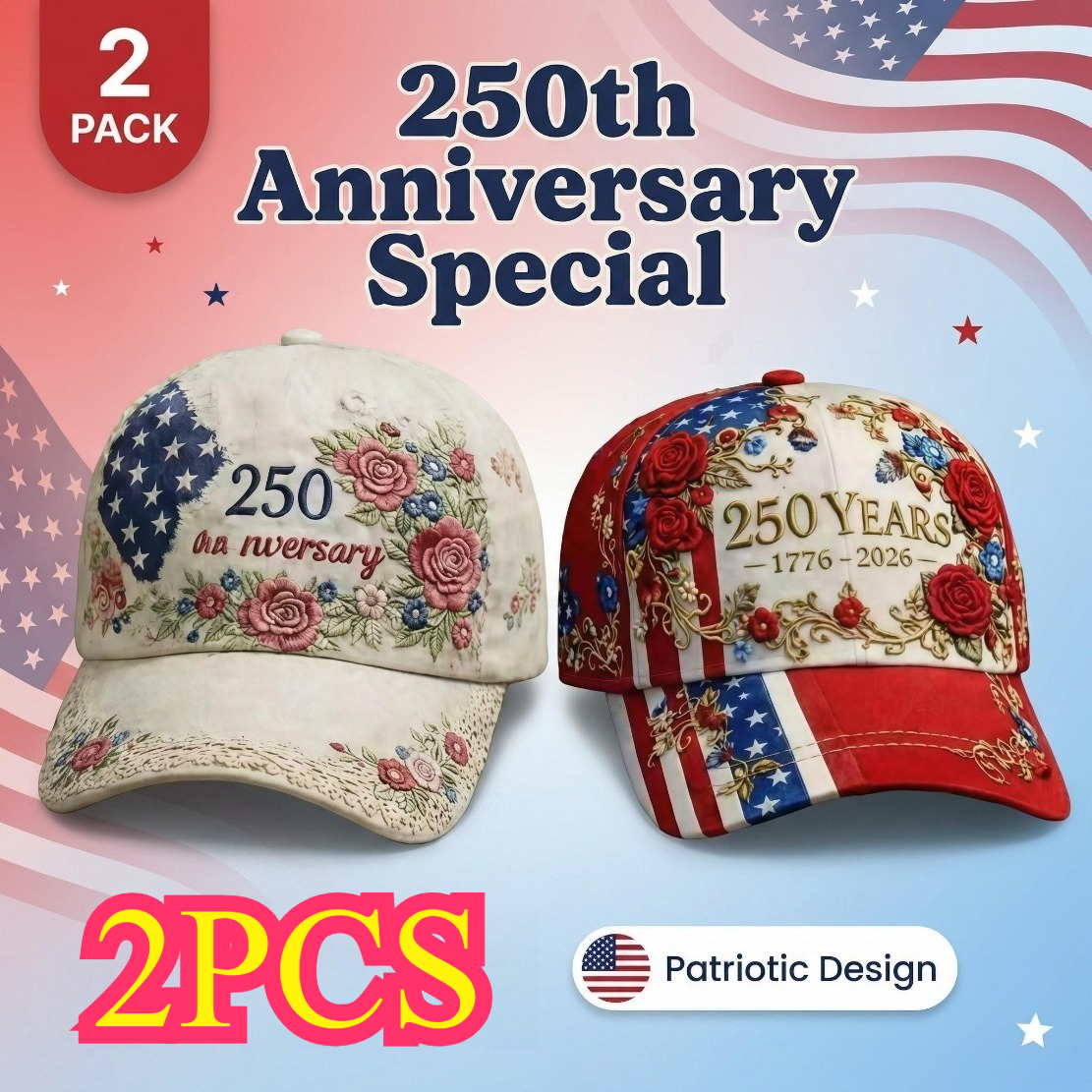 TEMU 2pcs Retro Unisex Baseball Suitable For Presidents' Day, July 4th Gift, Sun Hat With Flower Print Design - Versatile For , July 4th Outfits,