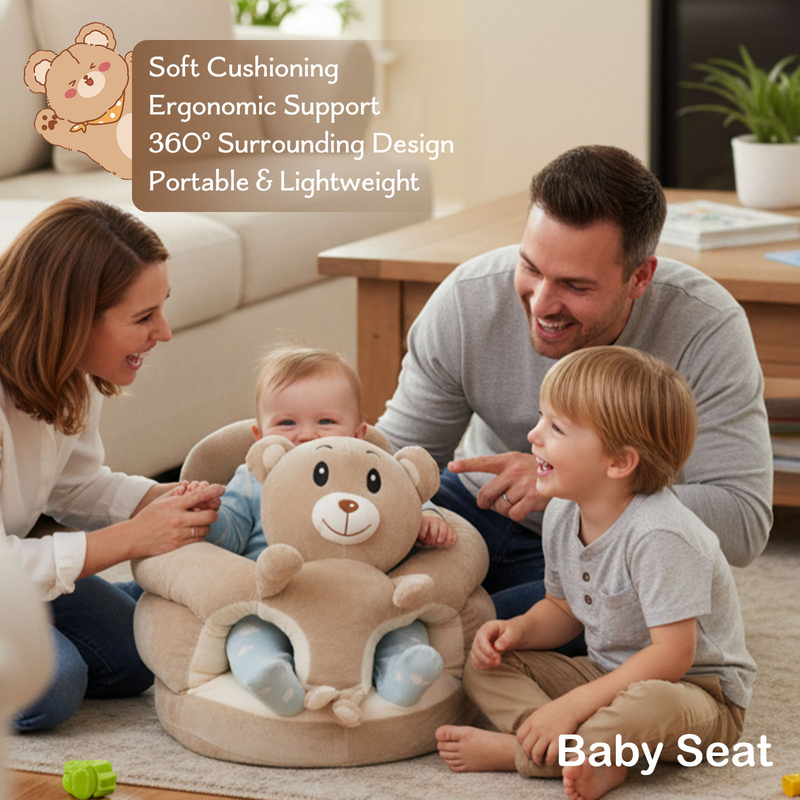 Plush Elephant Baby Support Seat - Ultra-Soft Cushioned Infant Lounger with Grey & White Elephant Design, Tummy Time Bed for & Toddlers, Non-Toxic Soft Fabric, Ideal Gift for Christmas, Birthdays, (No Assembly Required
