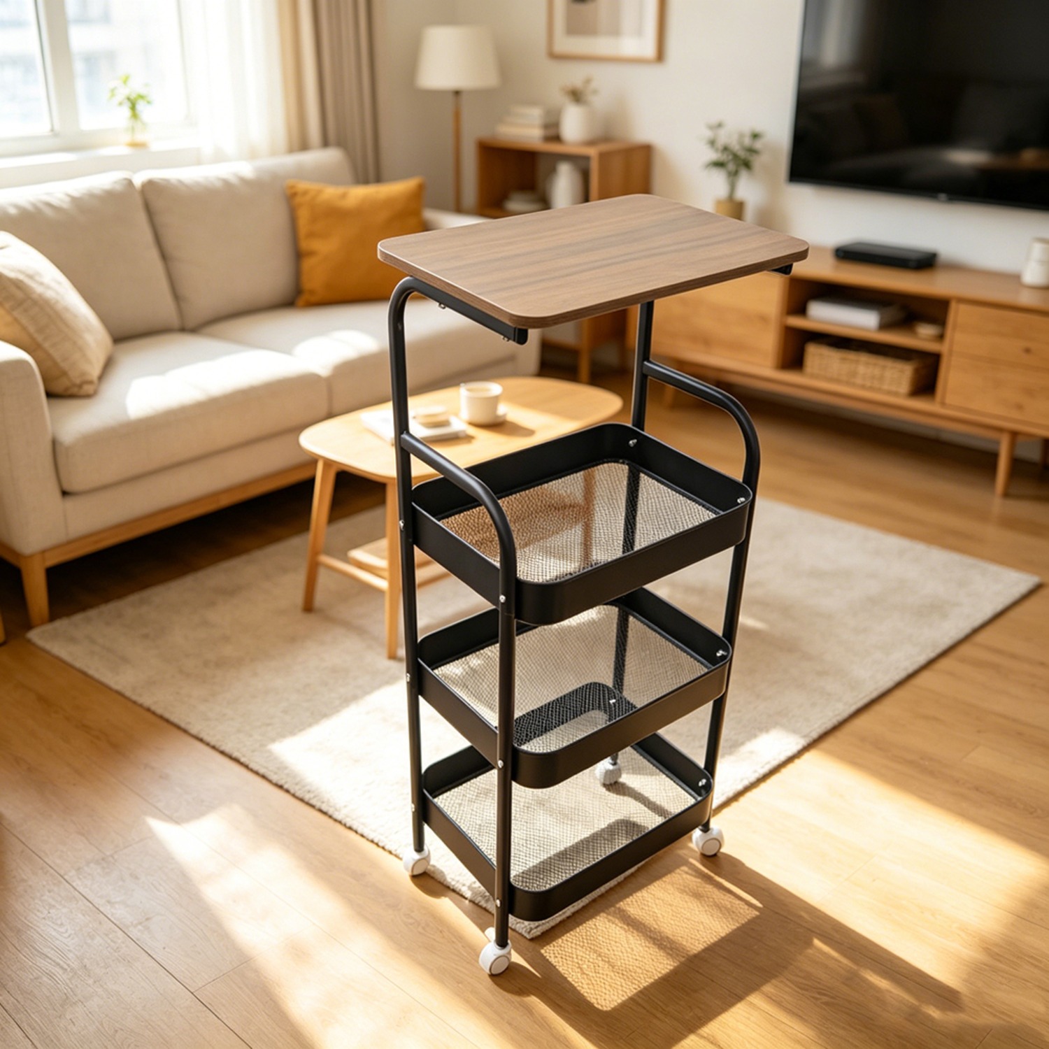 Three-tier Storage Trolley With Wheels, Wooden Countertop, Lockable Wheels, And Metal Construction. Suitable For Storage And Organization In Home Kitchens, Bedrooms, And Offices.