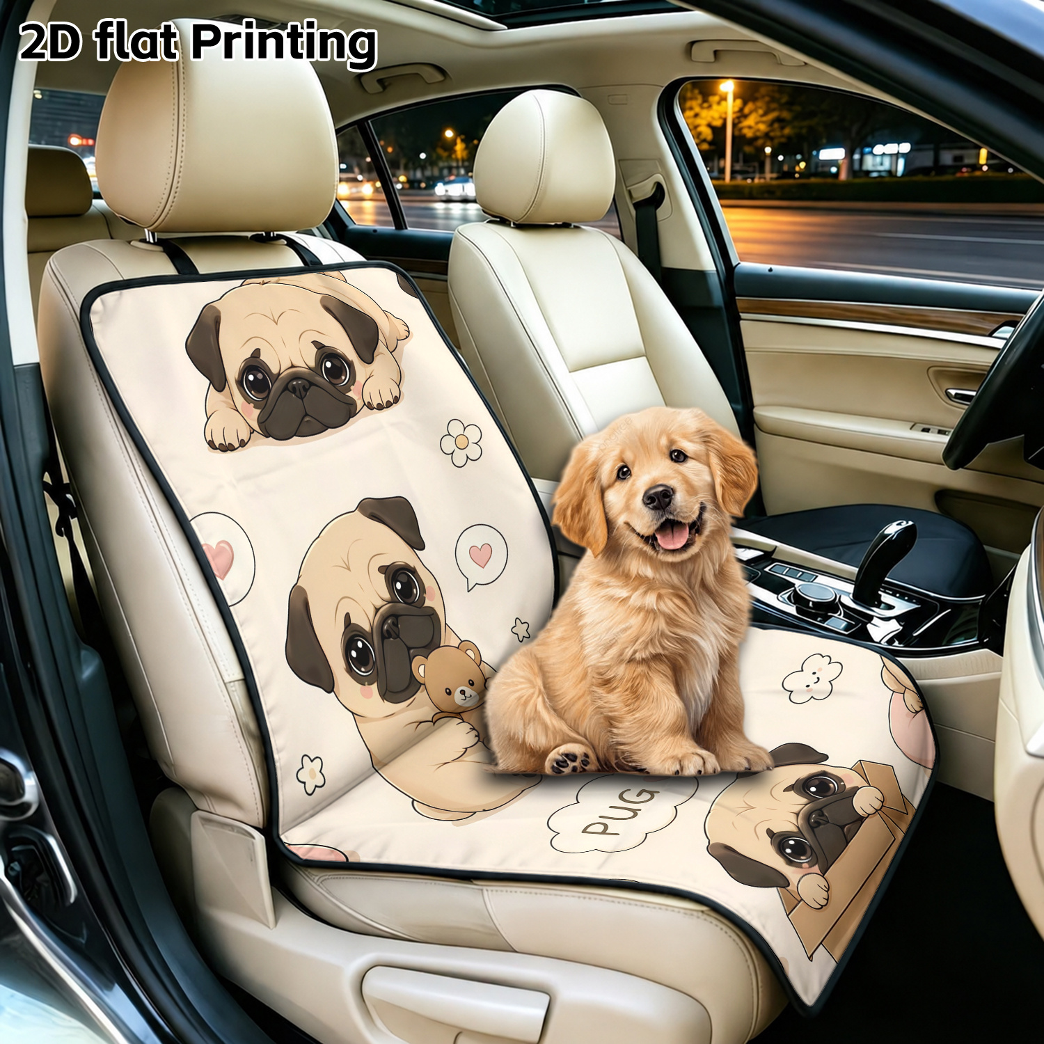 TEMU 1pc 2d Flat Cartoon Pug Printed Pet Car Seat Cover, Front Car Cushion, Car Seat Protector, Suitable For Various Car Models, , Convenient , Easy