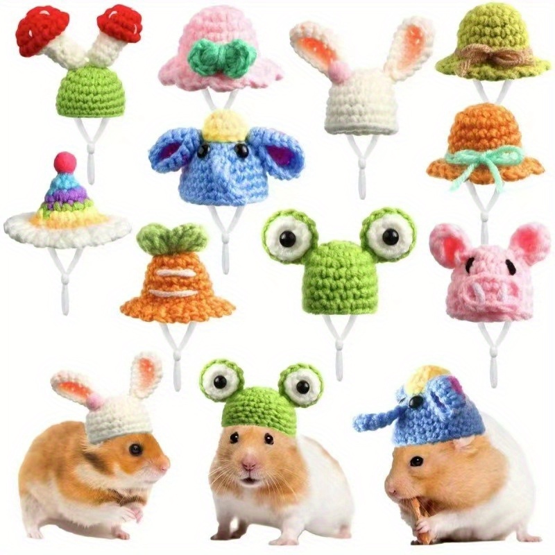 Image of Handmade Crochet Animal Hat For Hamsters & Small Pets - Cozy Polyester With Cute Ear And Eye Accents, Perfect For Winter, Crochet Clothes