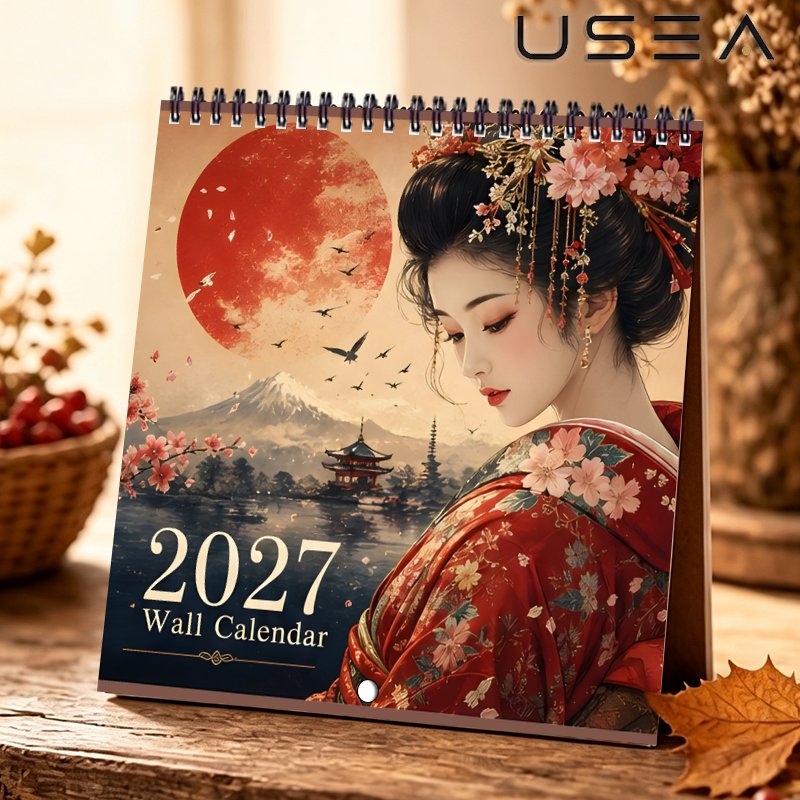 TEMU Calendrier mural 2027, planificateur mensuel 12 mois et organisateur annuel avec des , reliure spirale à double fil, thème geisha japonaise,