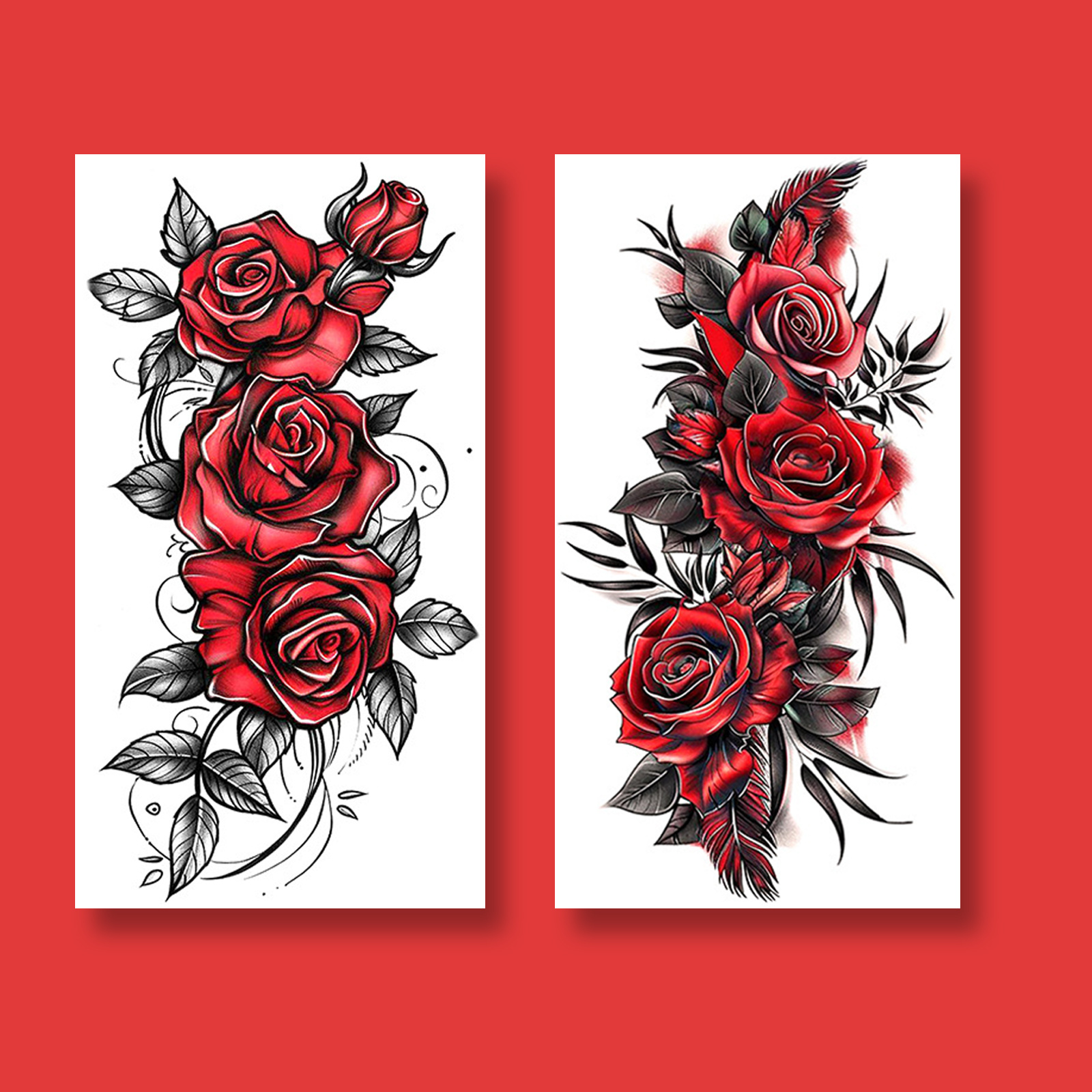 Set Of 2 Temporary Tattoo Stickers Featuring Red And Black Flowers, Designed For Women. Waterproof And Durable Fake Tattoos Are Suitable For Application On The Arm, Leg, And Chest