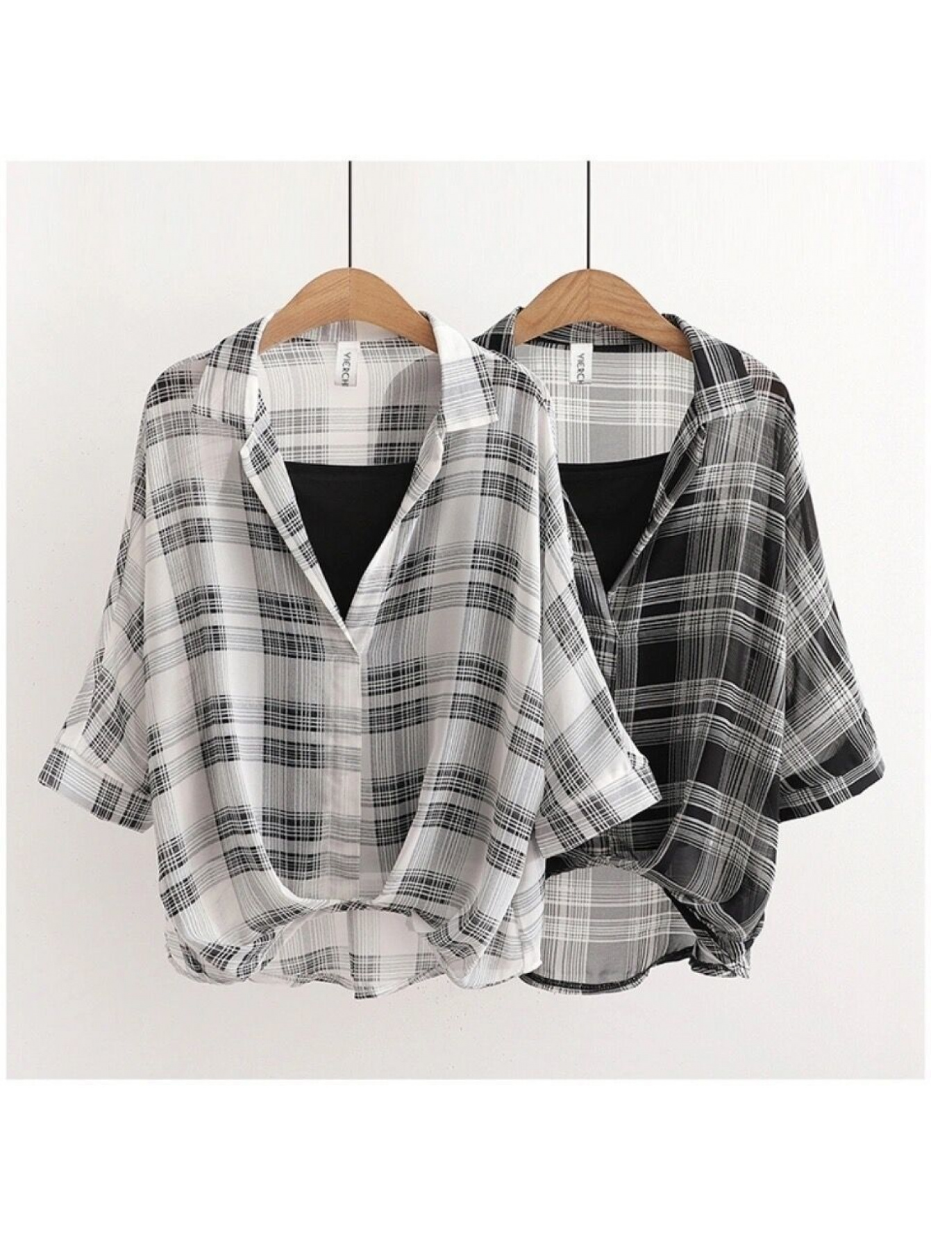 minimalist top two piece set short sleeved   chiffon shirt black and white checkered see through fabric inner black camisole     irregular batwing sleeves smooth and wrinkle resistant material suitable for spring