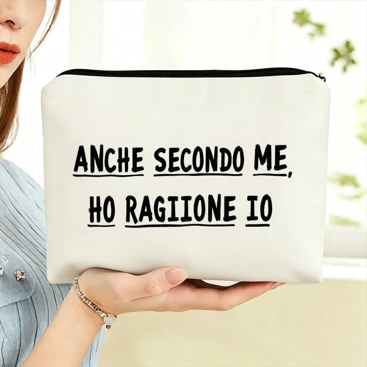TEMU Borsa per trucco con stampa di italiana divertente "Anche ho " - Pochette per cosmetici con testo , organizzatore da viaggio con cerniera per ,