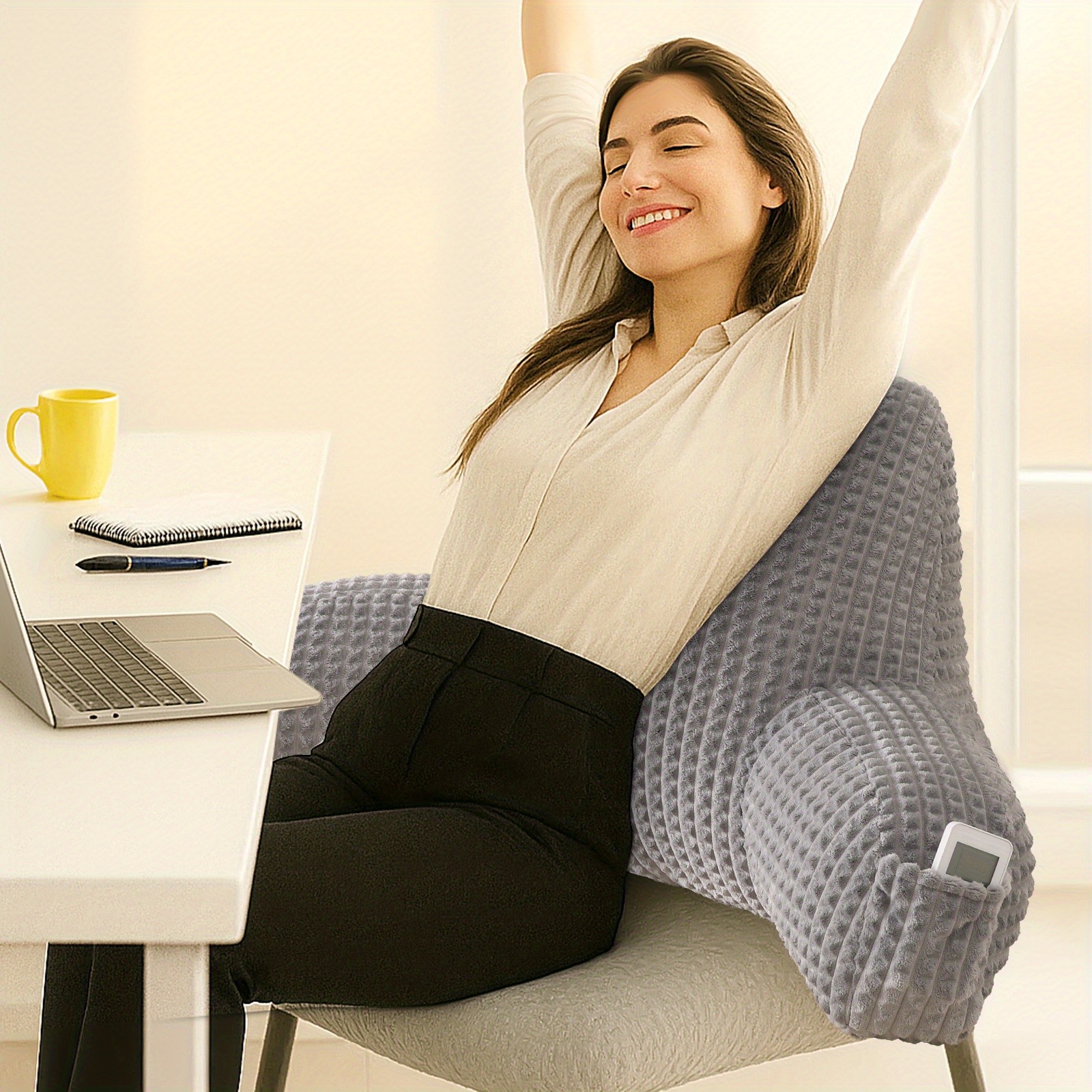 ergonomic waist support pillow lumbar pillow back support pillow striped reading pillow waist pad 2 in 1 washable pillowcase with armrests and storage bag suitable for office bed sofa desk recliner chair vehicle Product details 0