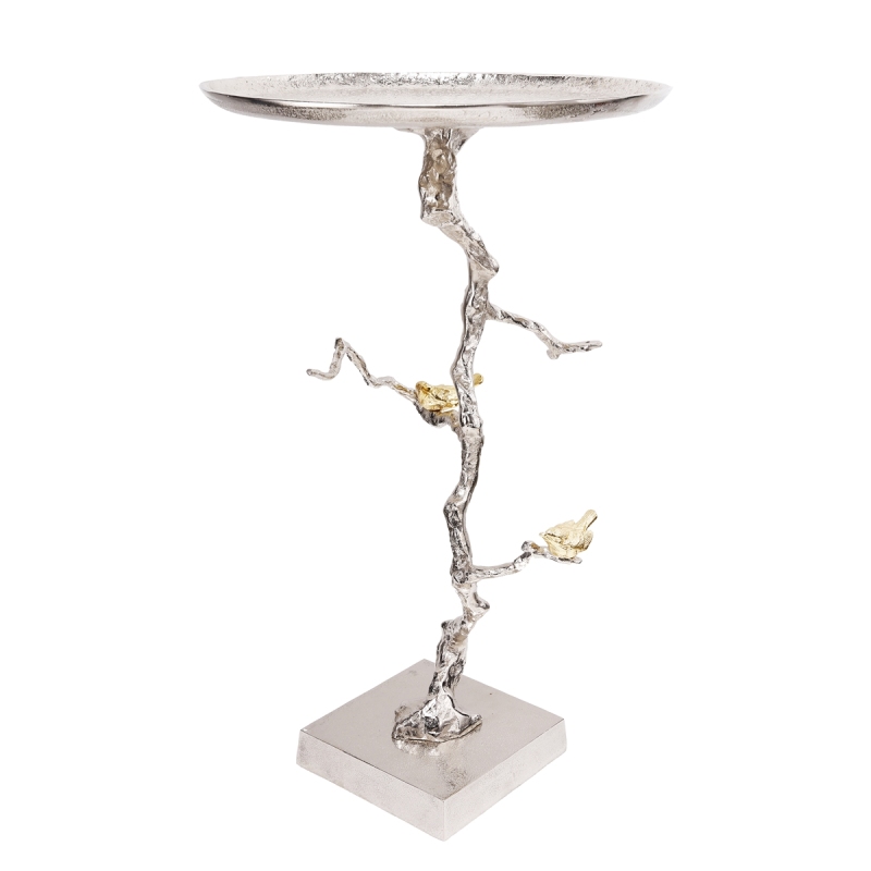 16.9x16.9x28' Round Aluminum Side Table with Sier Branch Design and Golden Bird Accents