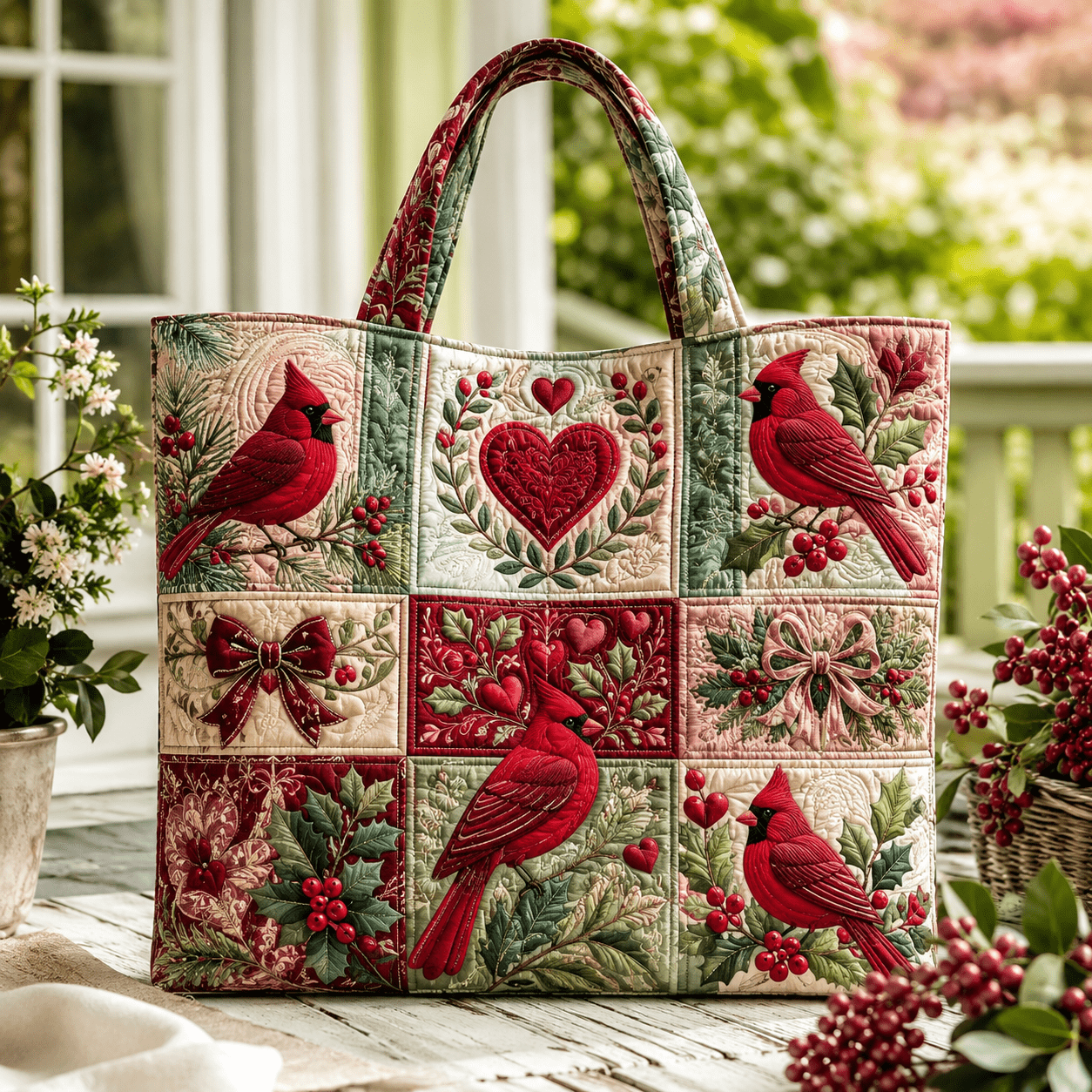 TEMU Bird Heart Rose Floral Extra Wide Quilted Tote Bag For Women, Vintage Large Capacity Shoulder Handbag For Shopping, Travel, Valentine's Day And
