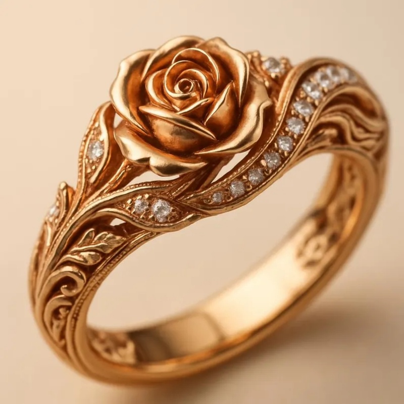 3D Carved Rose Vine Ring Set with Plating & Synthetic Zirconia