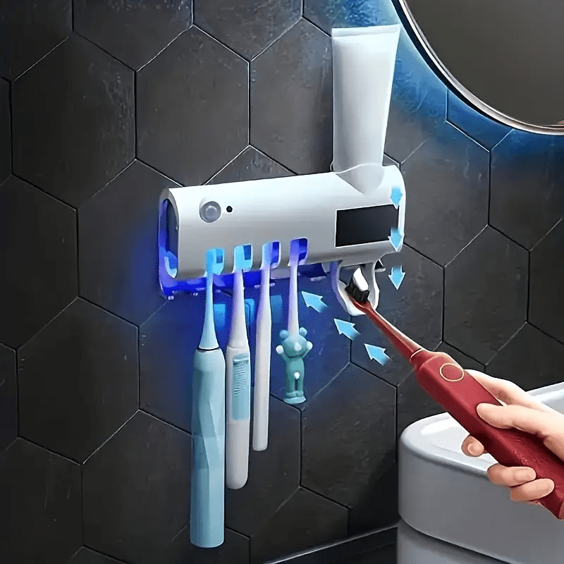 Portacepillos de dientes con botón, dispensador de pasta de dientes, exprimidor de pasta de dientes, carga USB, dispensador de pasta de dientes inteligente automático de pared para baño, portacepillos de dientes de pared, estuche de almacenamiento para cepillos de dientes tres en uno, capacidad para