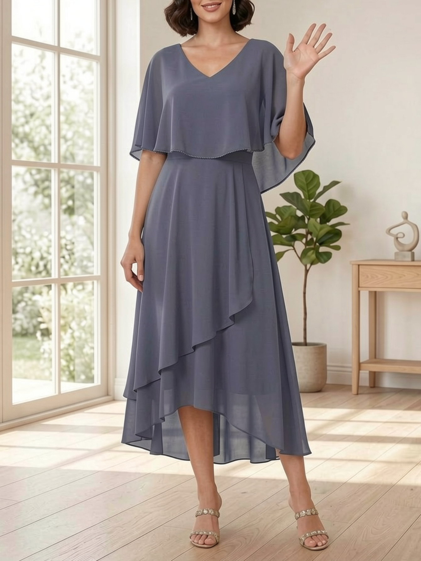 v neck cape overlay waist asymmetrical hem midi dress for women elegant chic   for spring summer parties and formal occasion looks