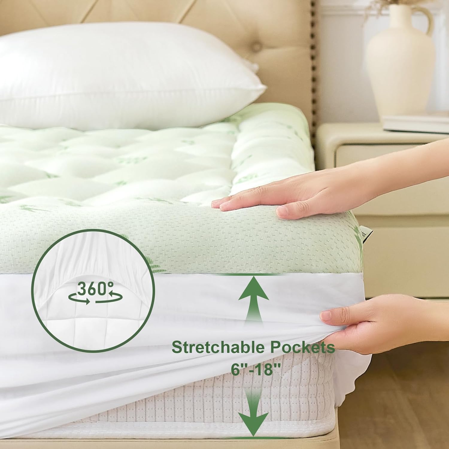 Topper, Viscose Derived From Bamboo Pillow Top Mattress Pad With Deep Pocket, Cooling For Hot Sleepers