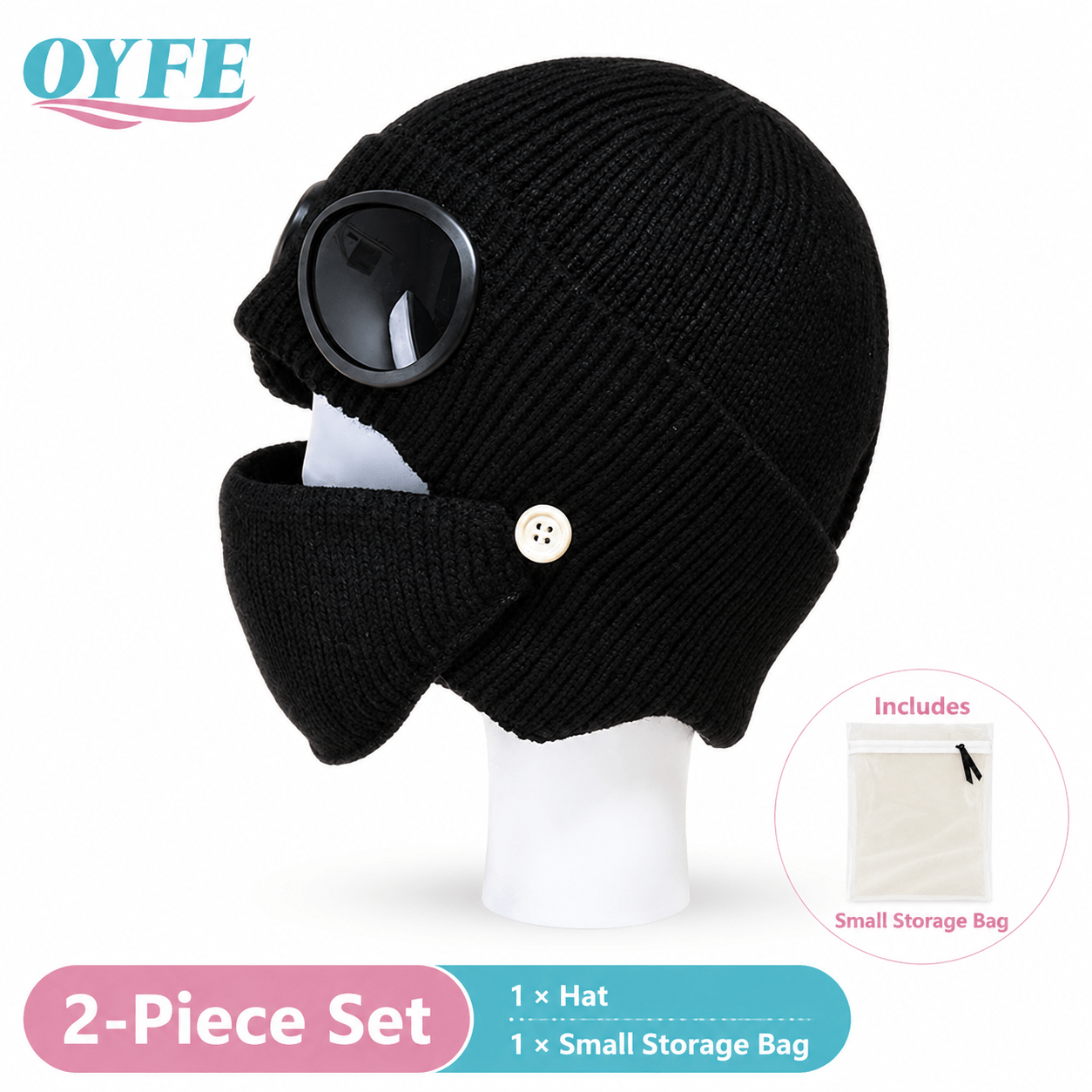 TEMU New Winter Hat For Women, Gray Thick Ribbed Integrated Warm With Goggles And Button, Bonus White Organza Anti-yellow Anti-moth Anti-snag Travel
