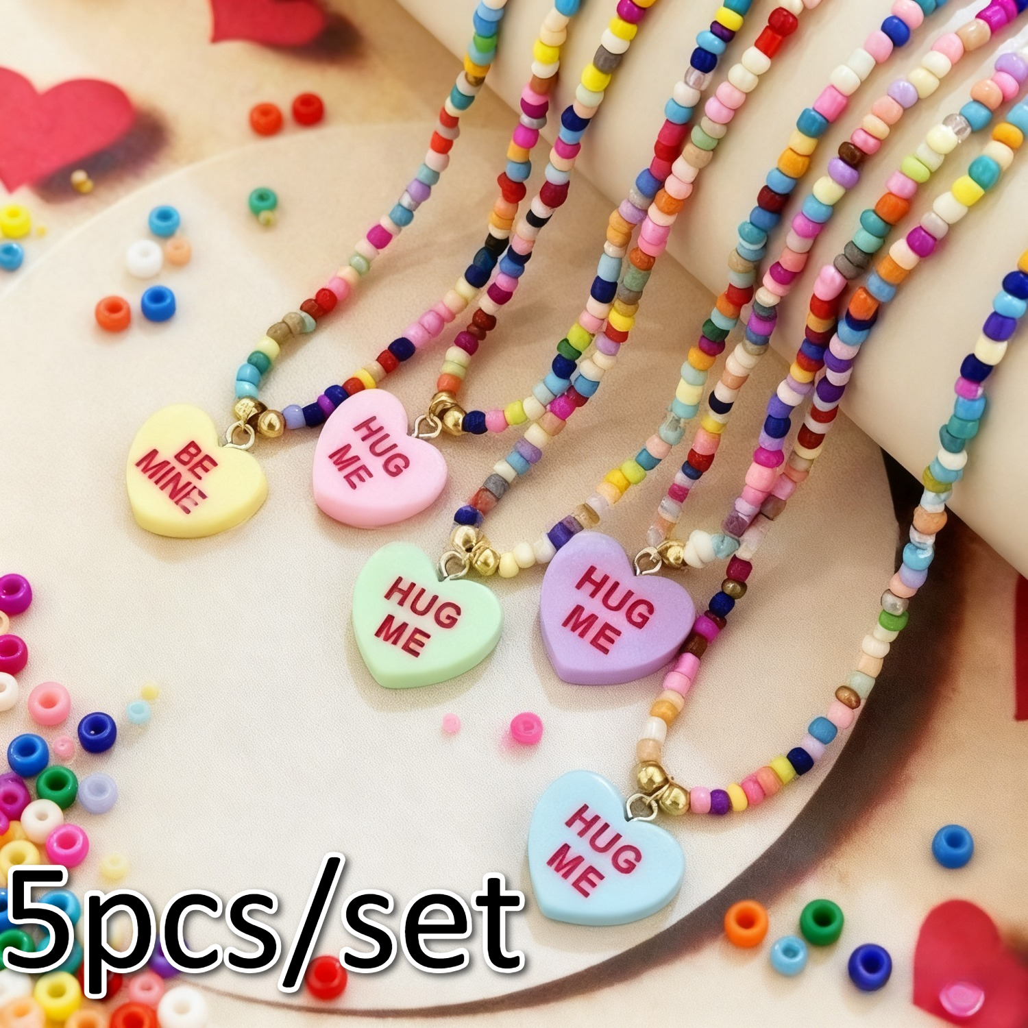 TEMU 5pcs/ Set Color Beaded Love Letter Necklace For Women, Valentine's Day Heart Pendant Necklace Set, Valentine's Day Gift, Valentine Present, ,