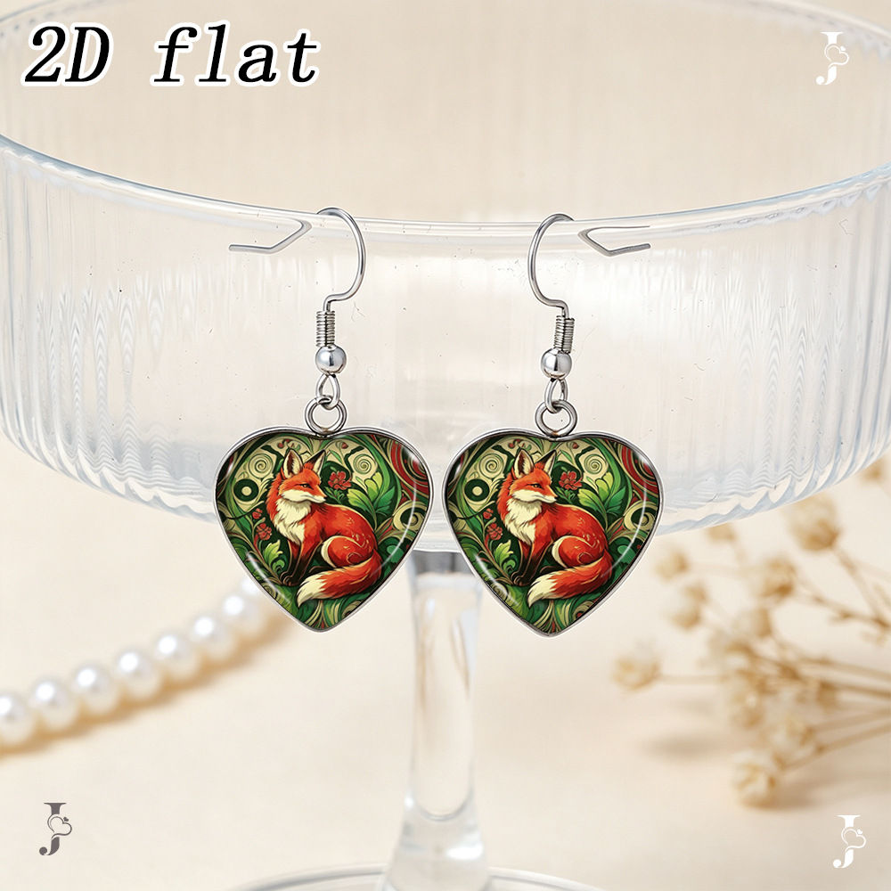 Forest Red Fox Pattern Heart-Shaped Earrings