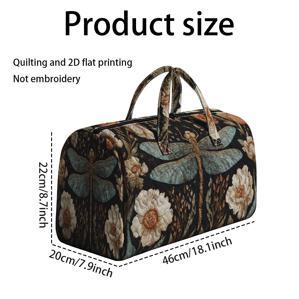 TEMU 2d Flat Printing And 1pc Floral Dragonfly Print Polyester Stylish Quilted Tote Bag, Large Capacity Bag For Travel And Weekend Stays