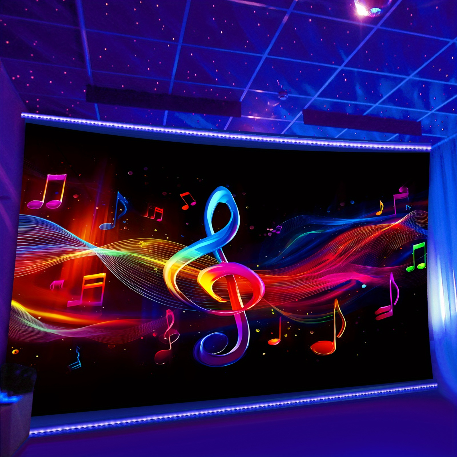 TEMU 1 pièce Tenture murale bannière notes colorées dynamiques - Brille à UV, , tissu de tenture murale à impression fluorescente , décoration murale
