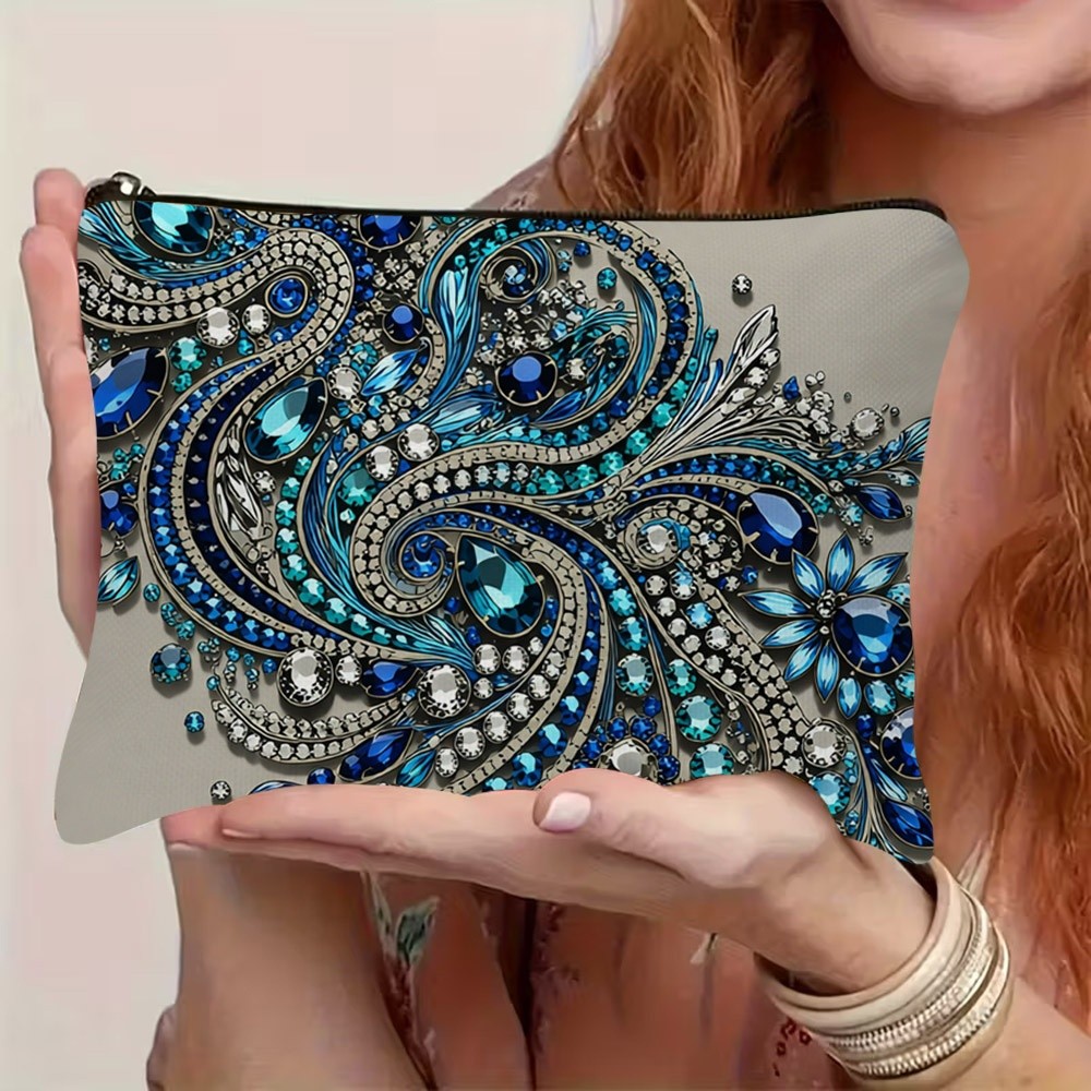 TEMU 1 trousse de toilette 2D à imprimé plat, polyester durable avec fermeture éclair, motif luxueux et étincelant de bleues et turquoises, motif