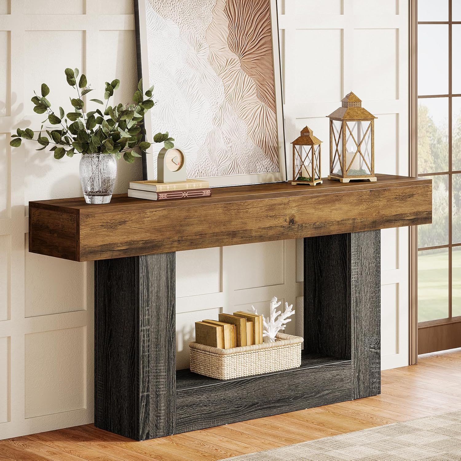 E-shop 63-Zoll langer Konsolentisch, 2-stufiger Eingangstisch Sofatisch, Landhaus-Holz Tisch hinter der Couch für Wohnzimmer, Flur, rustikal & grau