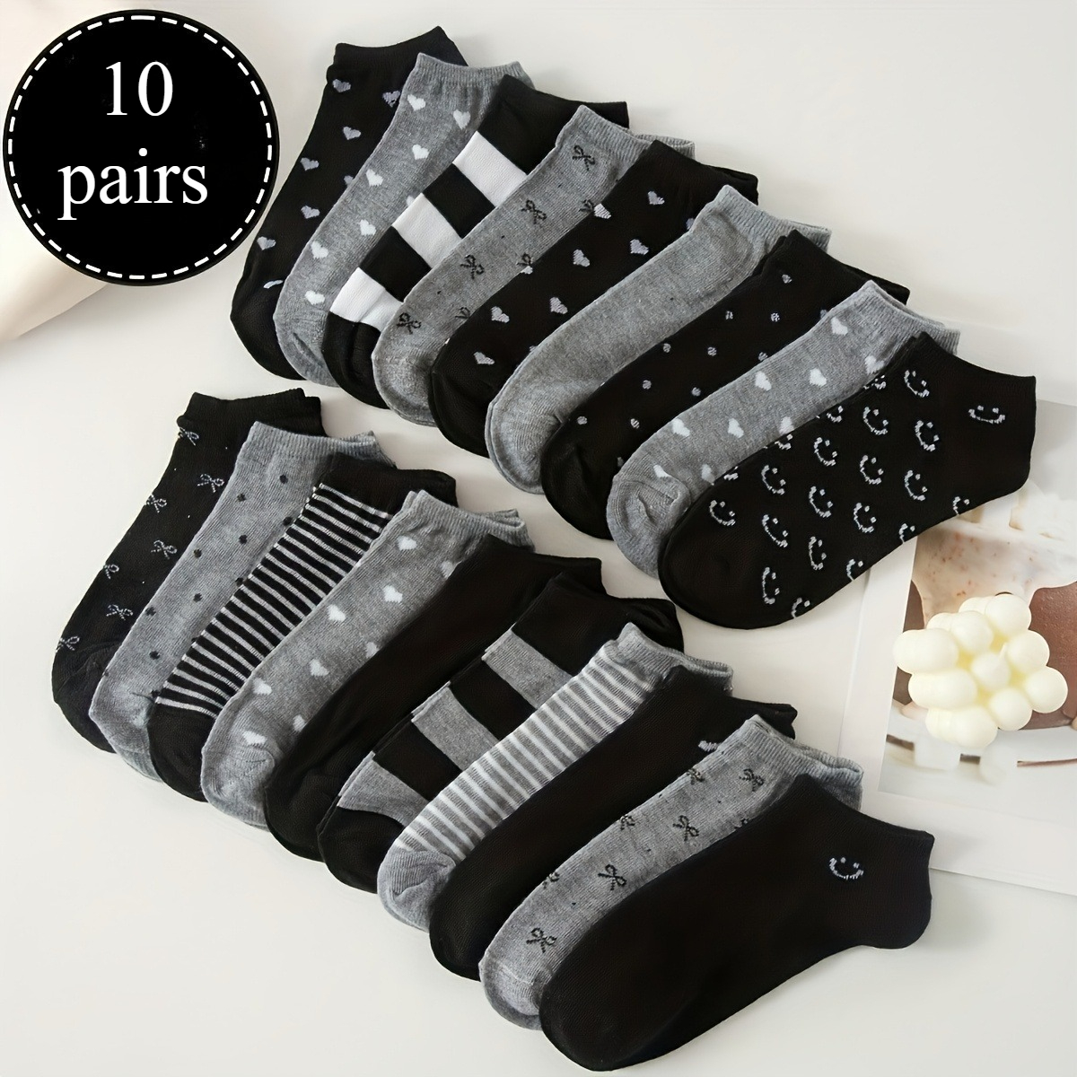 TEMU 10-pair/20-pair Women's Low-cut Socks With Striped Heart & Polka Dot Patterns - Casual Athletic Ankle Socks Suitable For Sports, Casual Attire,