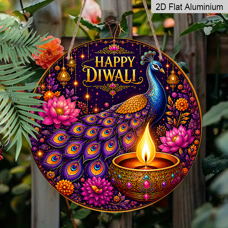 TEMU Plaque ronde plate 2D en aluminium Happy Diwali PeaRooster, 1 pièce, décoration , pour décoration de porte d'entrée à suspendre florale lotus,